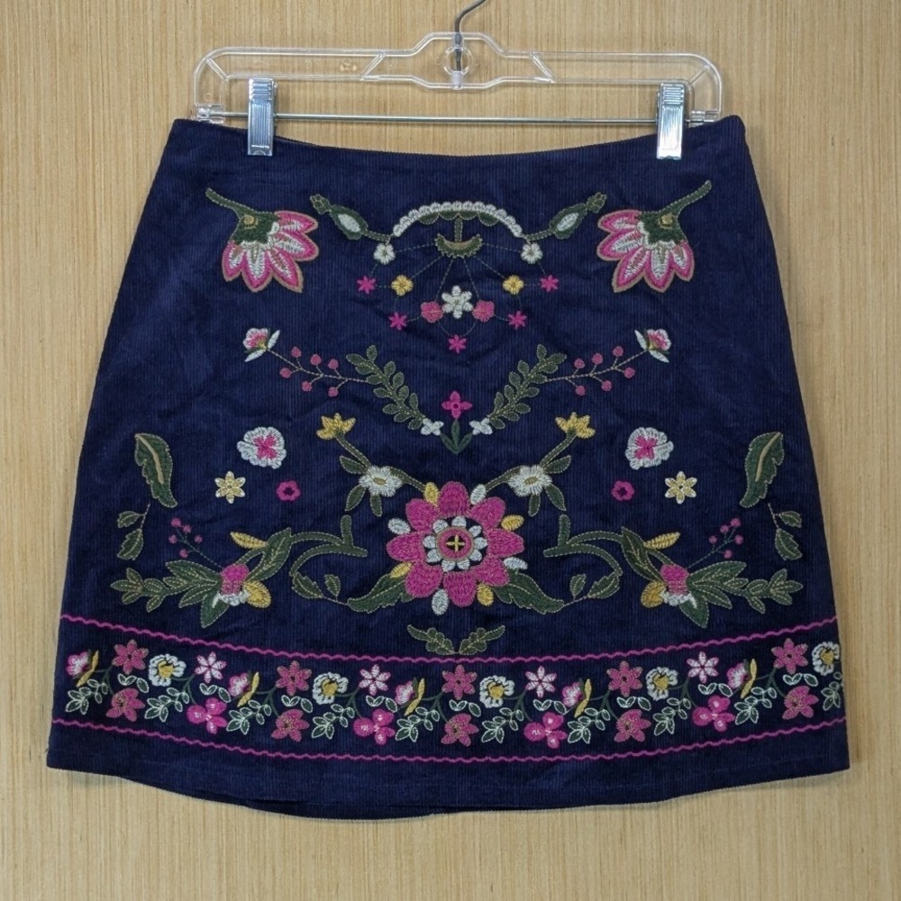 Harper Heritage Boho Indie Corduroy Floral Embroidered Mini Skirt Size L Blue